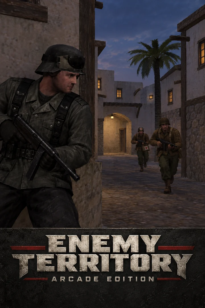 Enemy Territory: Arcade Edition cover: an Axis soldier waits at a corner as two Allied soldiers advance down a Gold Rush street