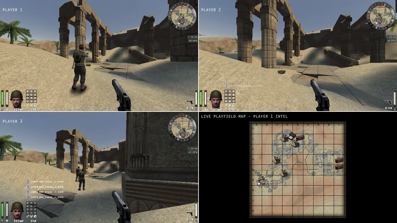 Three players with a live command map in the fourth pane